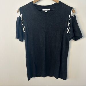 IRO Women’s Black and White Melly Linen Tee with Lace Up Sleeves, Size Medium